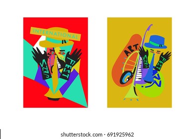 Colorful international jazz festival. Musicians, singers and musical instruments poster set flat vector illustration. Poster template for jazz and music events.