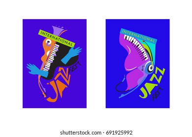 Colorful international jazz festival. Musicians, singers and musical instruments poster set flat vector illustration. Poster template for jazz and music events.