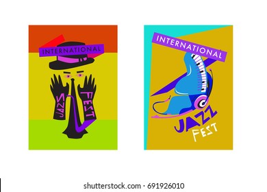 Colorful international jazz festival. Musicians, singers and musical instruments poster set flat vector illustration. Poster template for jazz and music events.