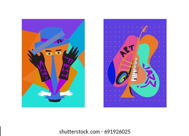 Colorful international jazz festival. Musicians, singers and musical instruments poster set flat vector illustration. Poster template for jazz and music events.