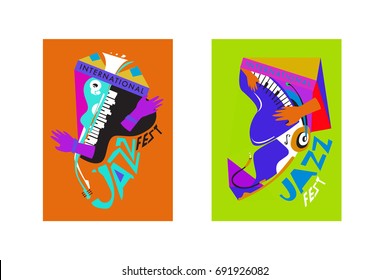 Colorful international jazz festival. Musicians, singers and musical instruments poster set flat vector illustration. Poster template for jazz and music events.