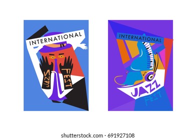Colorful international jazz festival. Musicians, singers and musical instruments poster set flat vector illustration. Poster template for jazz and music events.