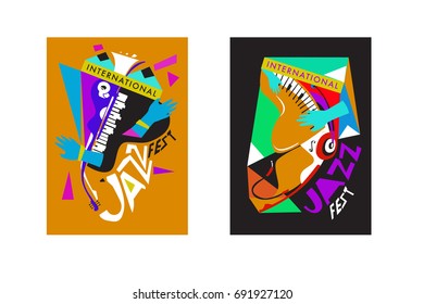 Colorful international jazz festival. Musicians, singers and musical instruments poster set flat vector illustration. Poster template for jazz and music events.
