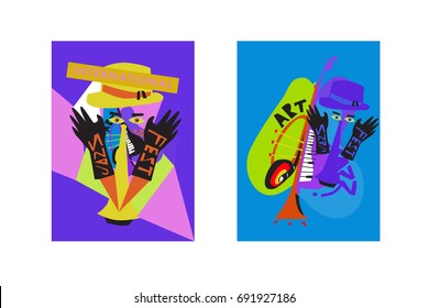 Colorful international jazz festival. Musicians, singers and musical instruments poster set flat vector illustration. Poster template for jazz and music events.