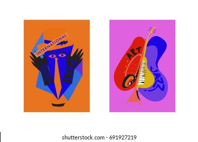 Colorful international jazz festival. Musicians, singers and musical instruments poster set flat vector illustration. Poster template for jazz and music events.