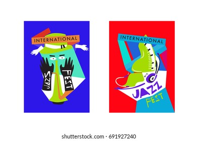 Colorful international jazz festival. Musicians, singers and musical instruments poster set flat vector illustration. Poster template for jazz and music events.