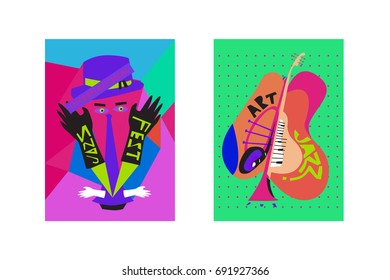 Colorful international jazz festival. Musicians, singers and musical instruments poster set flat vector illustration. Poster template for jazz and music events.