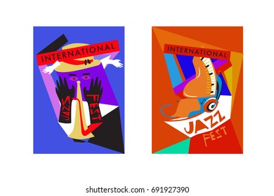 Colorful international jazz festival. Musicians, singers and musical instruments poster set flat vector illustration. Poster template for jazz and music events.
