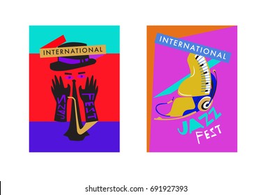 Colorful international jazz festival. Musicians, singers and musical instruments poster set flat vector illustration. Poster template for jazz and music events.