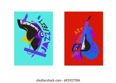 Colorful international jazz festival. Musicians, singers and musical instruments poster set flat vector illustration. Poster template for jazz and music events.