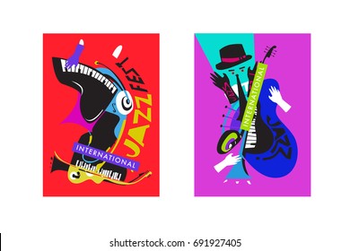 Colorful international jazz festival. Musicians, singers and musical instruments poster set flat vector illustration. Poster template for jazz and music events.