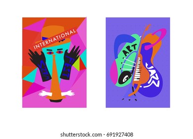 Colorful international jazz festival. Musicians, singers and musical instruments poster set flat vector illustration. Poster template for jazz and music events.