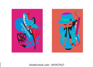 Colorful international jazz festival. Musicians, singers and musical instruments poster set flat vector illustration. Poster template for jazz and music events.