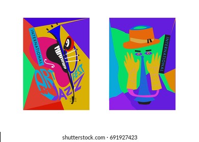 Colorful international jazz festival. Musicians, singers and musical instruments poster set flat vector illustration. Poster template for jazz and music events.