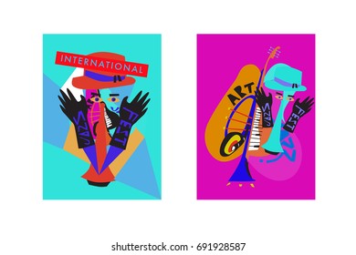 Colorful international jazz festival. Musicians, singers and musical instruments poster set flat vector illustration. Poster template for jazz and music events.