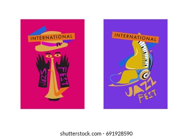 Colorful international jazz festival. Musicians, singers and musical instruments poster set flat vector illustration. Poster template for jazz and music events.