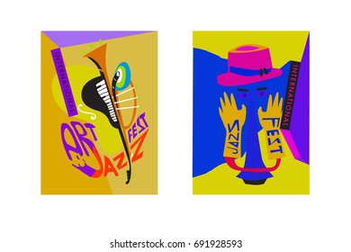 Colorful international jazz festival. Musicians, singers and musical instruments poster set flat vector illustration. Poster template for jazz and music events.