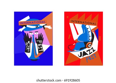 Colorful international jazz festival. Musicians, singers and musical instruments poster set flat vector illustration. Poster template for jazz and music events.