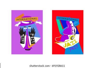 Colorful international jazz festival. Musicians, singers and musical instruments poster set flat vector illustration. Poster template for jazz and music events.
