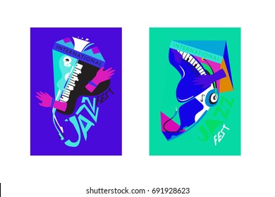 Colorful international jazz festival. Musicians, singers and musical instruments poster set flat vector illustration. Poster template for jazz and music events.
