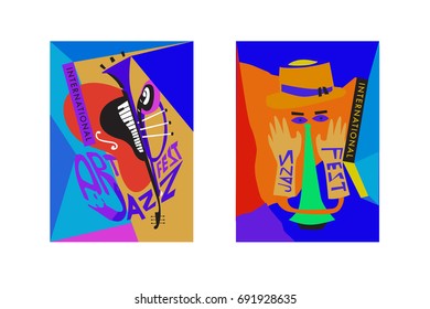 Colorful international jazz festival. Musicians, singers and musical instruments poster set flat vector illustration. Poster template for jazz and music events.