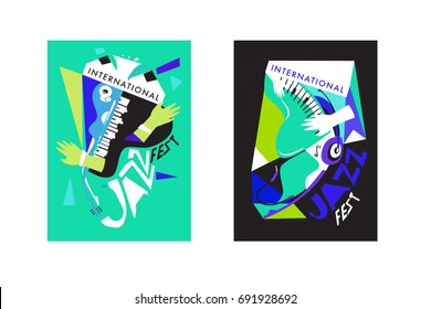 Colorful international jazz festival. Musicians, singers and musical instruments poster set flat vector illustration. Poster template for jazz and music events.