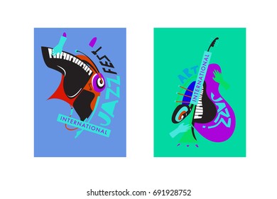 Colorful international jazz festival. Musicians, singers and musical instruments poster set flat vector illustration. Poster template for jazz and music events.