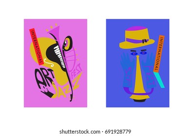 Colorful international jazz festival. Musicians, singers and musical instruments poster set flat vector illustration. Poster template for jazz and music events.