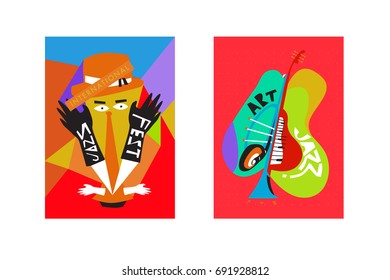 Colorful international jazz festival. Musicians, singers and musical instruments poster set flat vector illustration. Poster template for jazz and music events.