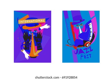 Colorful international jazz festival. Musicians, singers and musical instruments poster set flat vector illustration. Poster template for jazz and music events.