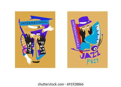 Colorful international jazz festival. Musicians, singers and musical instruments poster set flat vector illustration. Poster template for jazz and music events.