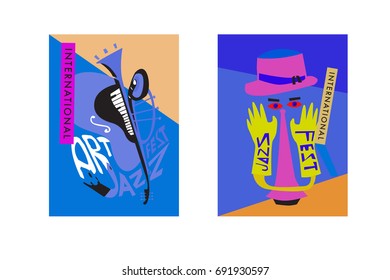 Colorful international jazz festival. Musicians, singers and musical instruments poster set flat vector illustration. Poster template for jazz and music events.