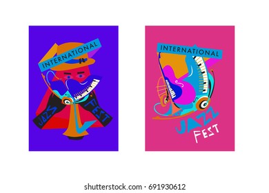 Colorful international jazz festival. Musicians, singers and musical instruments poster set flat vector illustration. Poster template for jazz and music events.