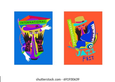 Colorful international jazz festival. Musicians, singers and musical instruments poster set flat vector illustration. Poster template for jazz and music events.