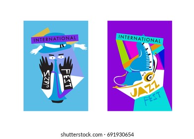 Colorful international jazz festival. Musicians, singers and musical instruments poster set flat vector illustration. Poster template for jazz and music events.