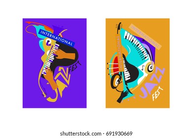 Colorful international jazz festival. Musicians, singers and musical instruments poster set flat vector illustration. Poster template for jazz and music events.