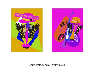 Colorful international jazz festival. Musicians, singers and musical instruments poster set flat vector illustration. Poster template for jazz and music events.