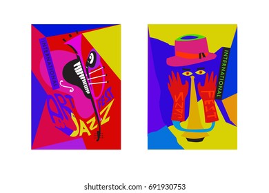 Colorful international jazz festival. Musicians, singers and musical instruments poster set flat vector illustration. Poster template for jazz and music events.