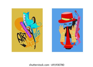 Colorful international jazz festival. Musicians, singers and musical instruments poster set flat vector illustration. Poster template for jazz and music events.