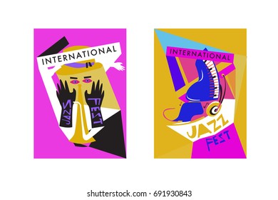 Colorful international jazz festival. Musicians, singers and musical instruments poster set flat vector illustration. Poster template for jazz and music events.