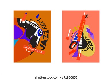 Colorful international jazz festival. Musicians, singers and musical instruments poster set flat vector illustration. Poster template for jazz and music events.
