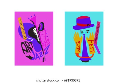Colorful international jazz festival. Musicians, singers and musical instruments poster set flat vector illustration. Poster template for jazz and music events.