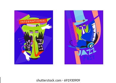 Colorful international jazz festival. Musicians, singers and musical instruments poster set flat vector illustration. Poster template for jazz and music events.