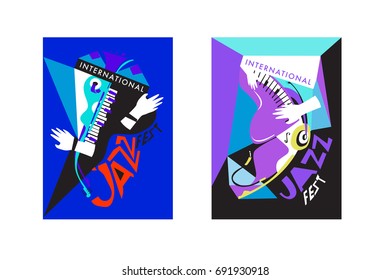 Colorful international jazz festival. Musicians, singers and musical instruments poster set flat vector illustration. Poster template for jazz and music events.