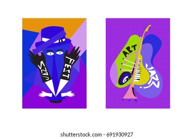 Colorful international jazz festival. Musicians, singers and musical instruments poster set flat vector illustration. Poster template for jazz and music events.