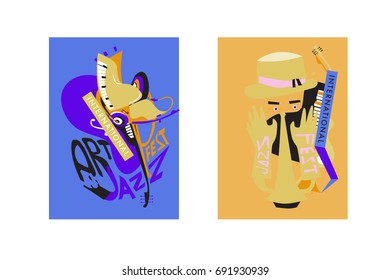 Colorful international jazz festival. Musicians, singers and musical instruments poster set flat vector illustration. Poster template for jazz and music events.