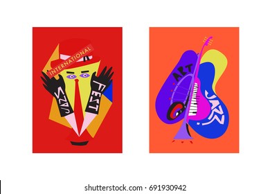 Colorful international jazz festival. Musicians, singers and musical instruments poster set flat vector illustration. Poster template for jazz and music events.