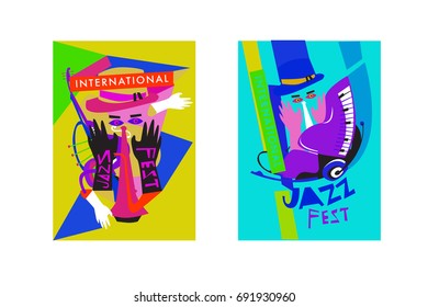 Colorful international jazz festival. Musicians, singers and musical instruments poster set flat vector illustration. Poster template for jazz and music events.