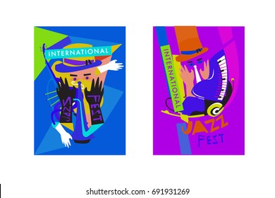 Colorful international jazz festival. Musicians, singers and musical instruments poster set flat vector illustration. Poster template for jazz and music events.
