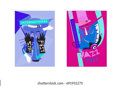 Colorful international jazz festival. Musicians, singers and musical instruments poster set flat vector illustration. Poster template for jazz and music events.